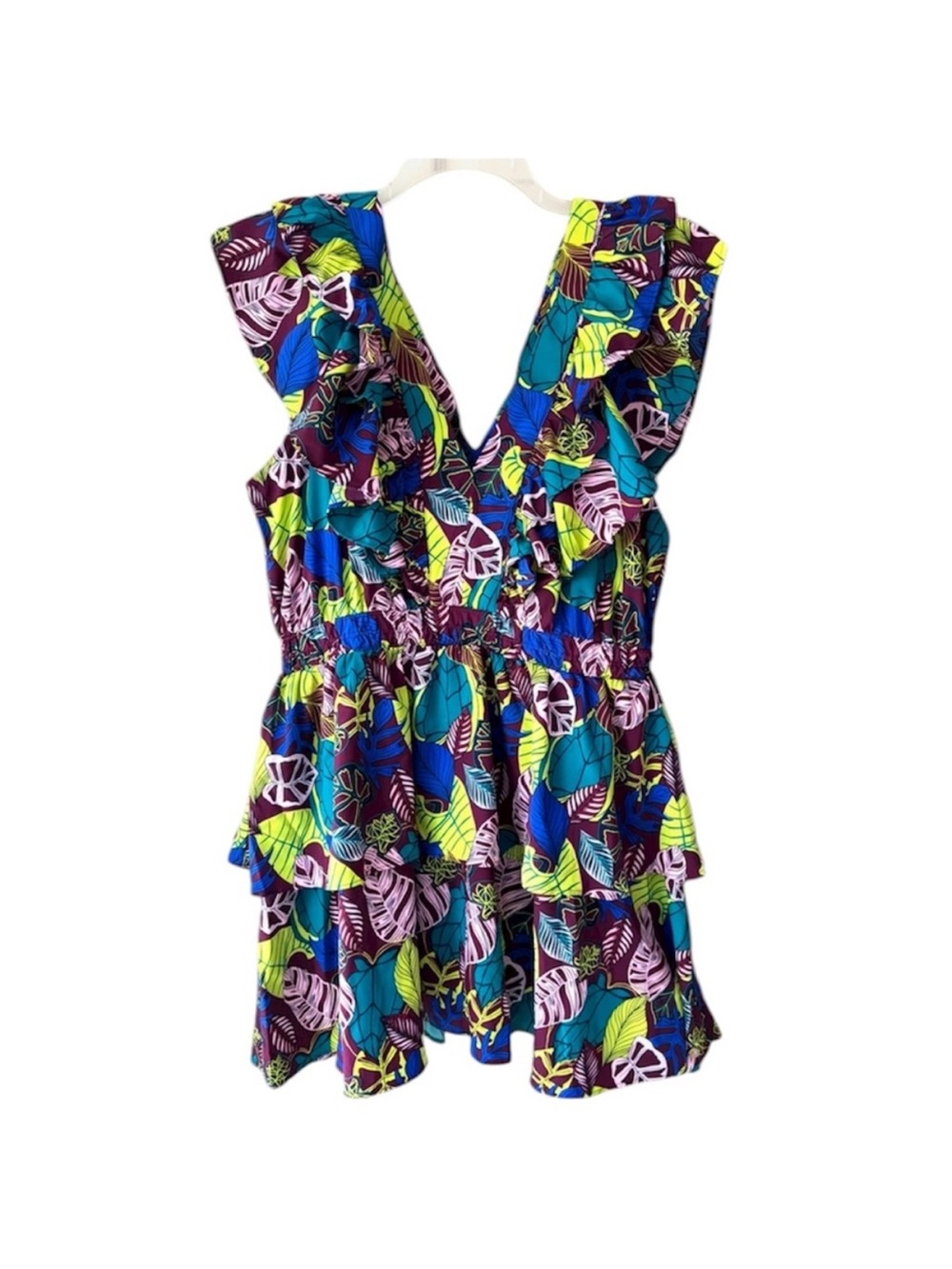 Coolibar spf50 Ruffle V-Neck Mini Dress in Blue, Lime & Purple